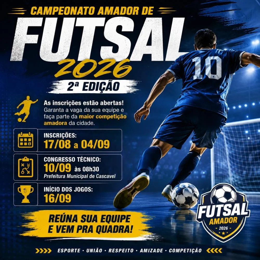 Atletas das categorias de base e veteranos participam do torneio municipal de futsal em Cascavel. Foto:Imagem criada por IA