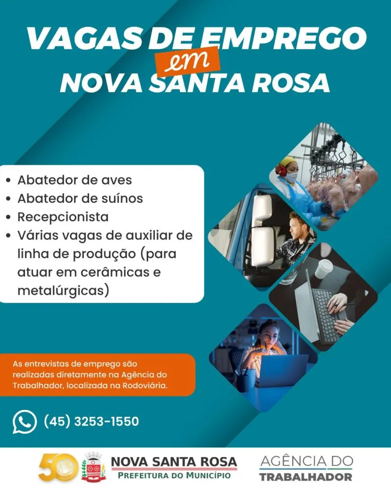 Oportunidades incluem vagas para abatedores, recepcionista e auxiliar de linha de produção.