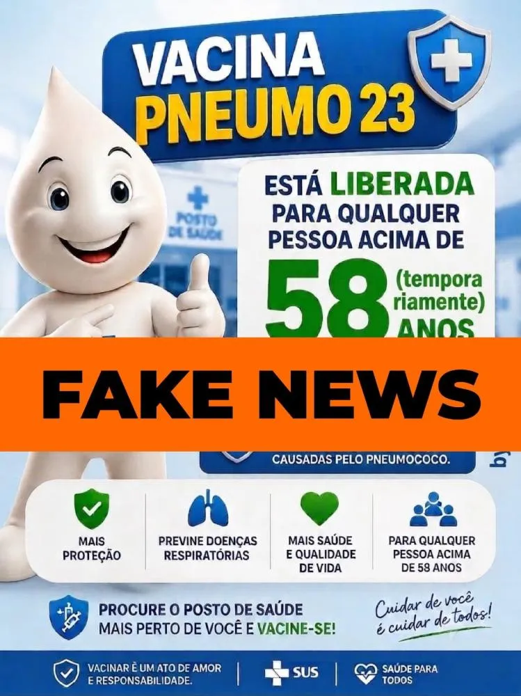 Mensagem que circula no WhatsApp afirma, de forma incorreta, que a Pneumo 23 está liberada para pessoas acima de 58 anos.