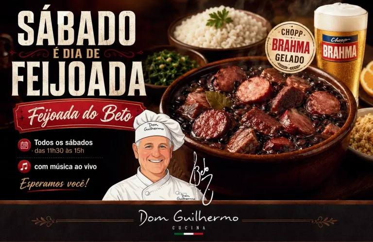 Almoço de sábado reúne feijoada e música ao vivo no Dom Guilhermo Cucina.