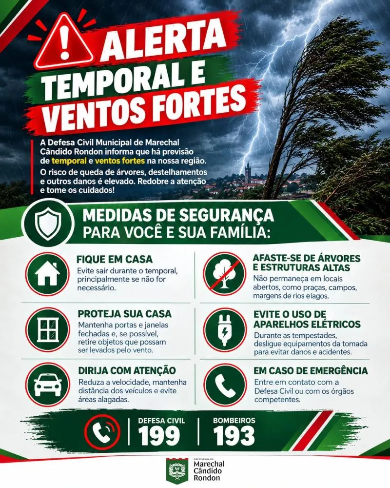 Temporais podem provocar granizo, descargas elétricas e ventos superiores a 100 km/h em Marechal Rondon.