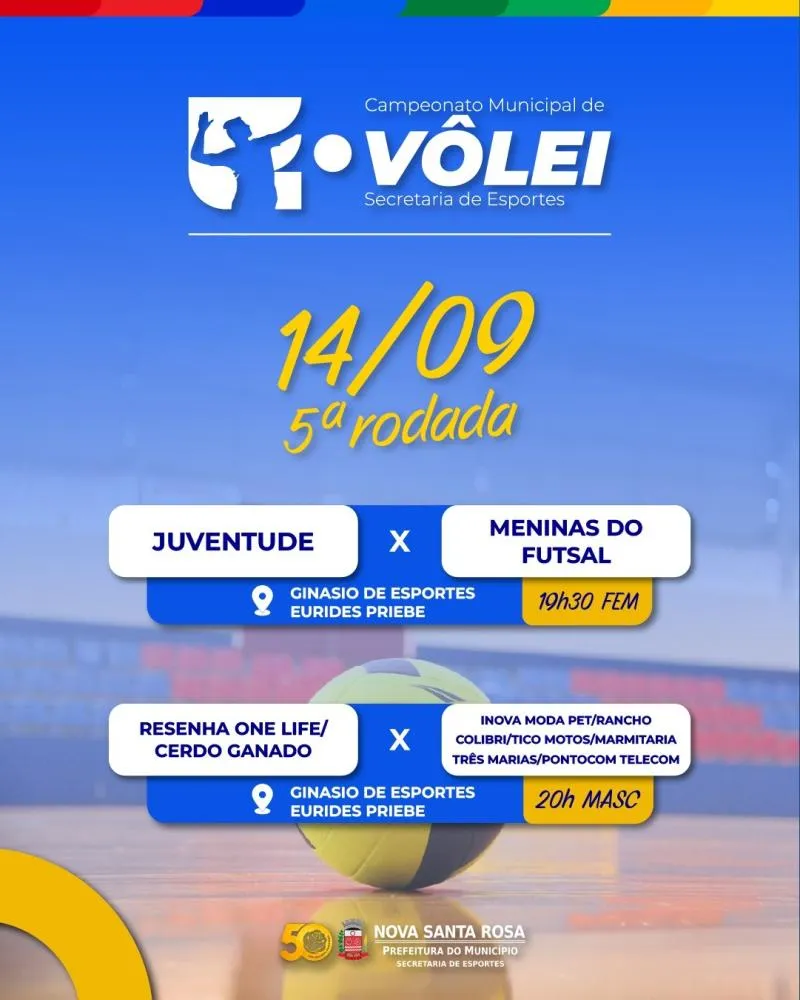 Campeonato Municipal de Vôlei de Nova Santa Rosa terá a quinta rodada nesta segunda-feira.