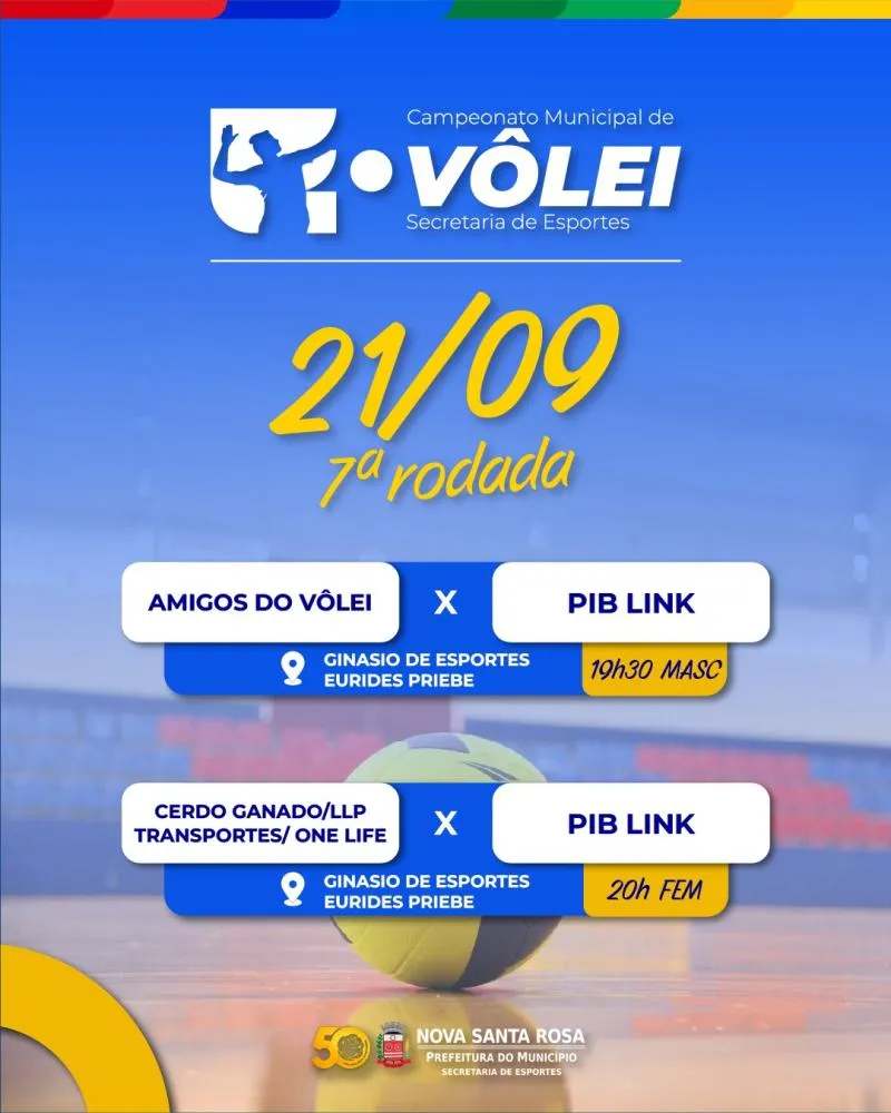 Campeonato Municipal de Vôlei terá jogos nesta segunda-feira no Ginásio Eurides Priebe, em Nova Santa Rosa.