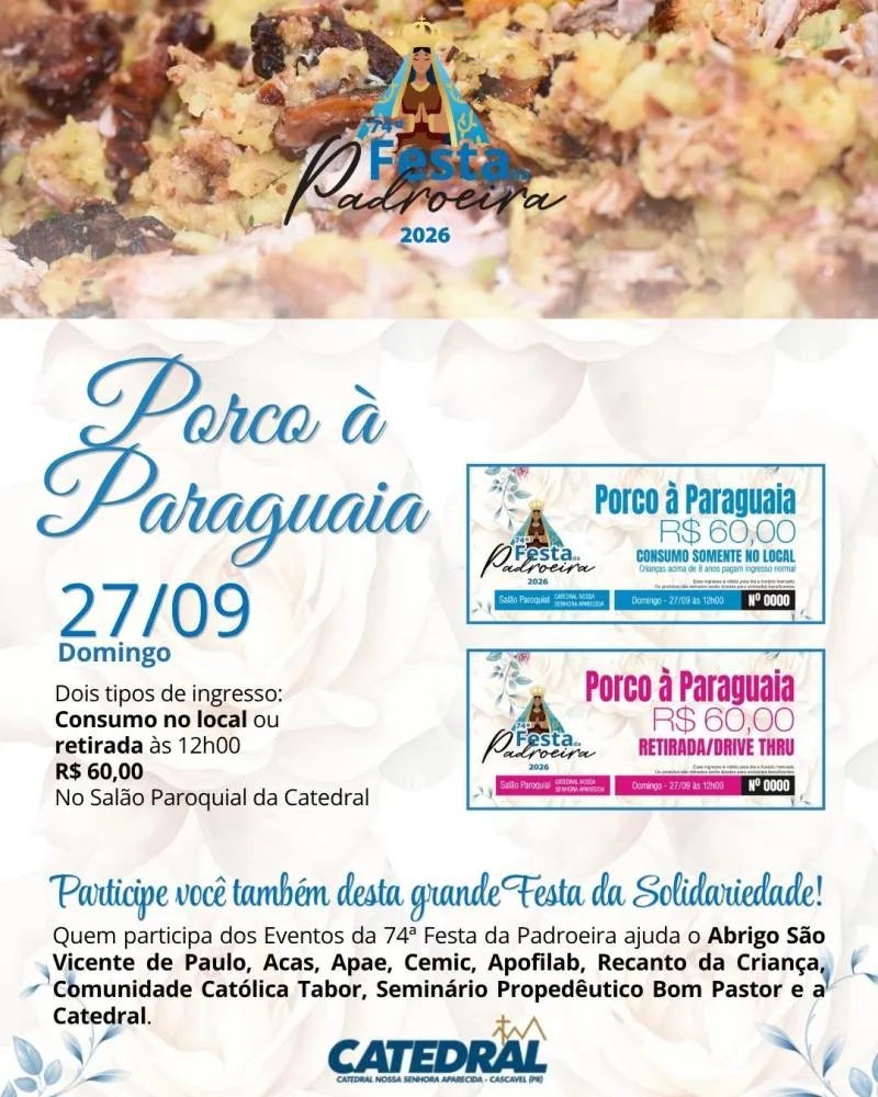 Evento no Salão Paroquial terá opções de consumo no local e retirada por drive-thru.