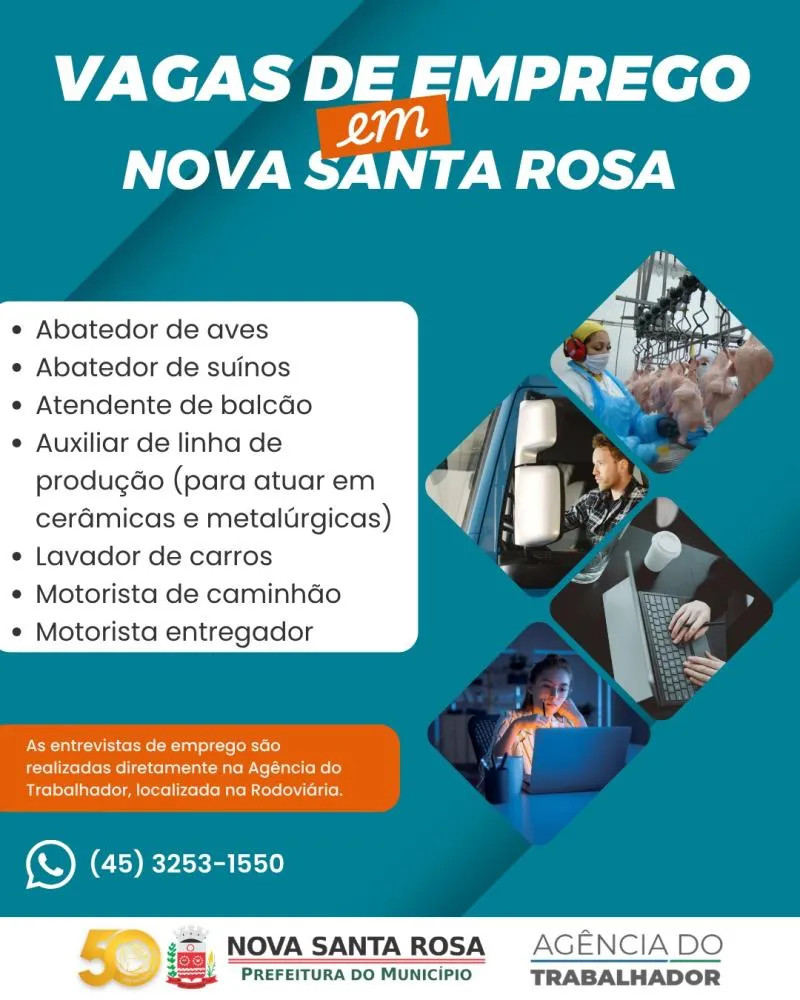 Vagas incluem funções na produção, atendimento, transporte e serviços em Nova Santa Rosa.