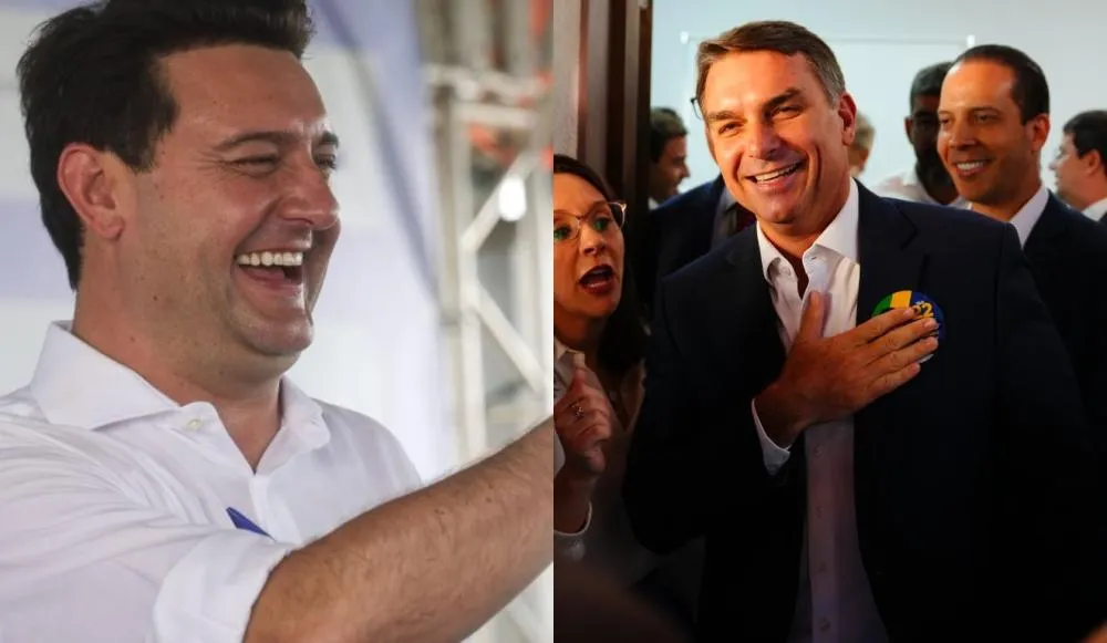 Montagem reúne Ratinho Junior e Flávio Bolsonaro. Fotos: AEN e Vittor Sales/Reprodução Ric