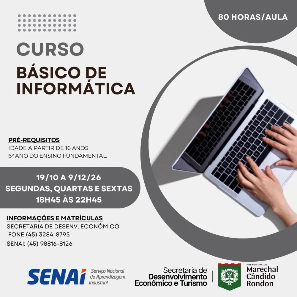 Material de divulgação do curso de Informática Básica. Imagem: Prefeitura de Marechal Cândido Rondon/Senai.