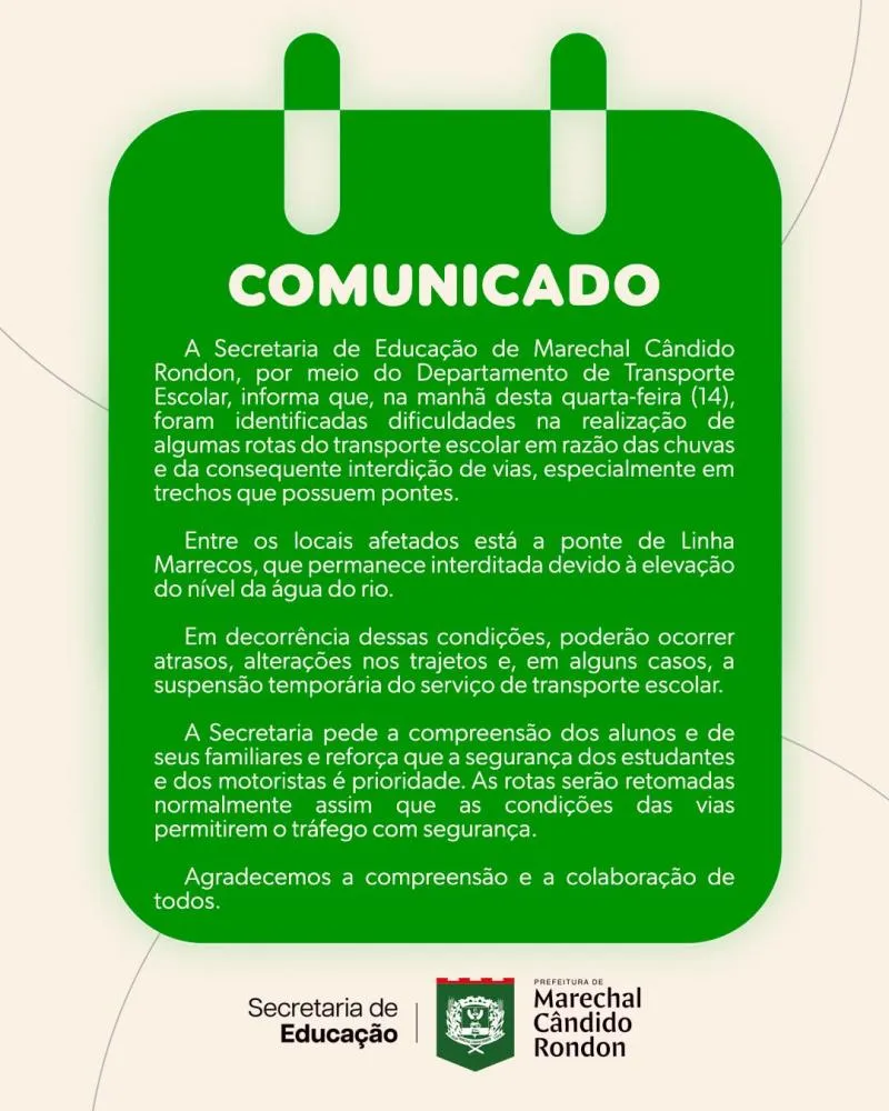 Transporte escolar pode sofrer atrasos e alterações de rotas devido às condições das vias rurais.