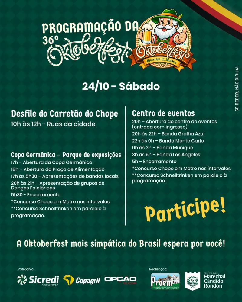 Bandas, danças folclóricas e concursos integram a programação do último dia da 36ª Oktoberfest.