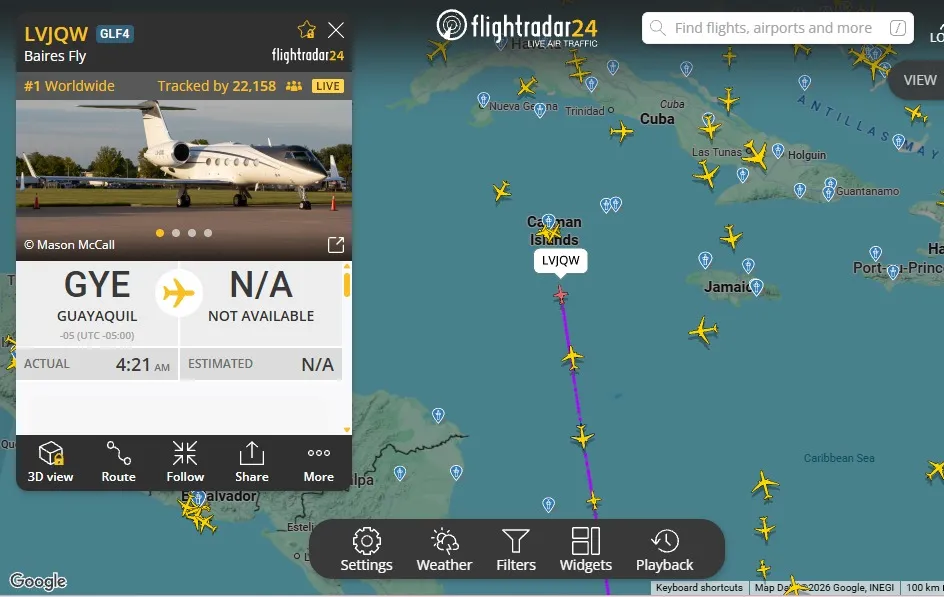 O avião utilizado na viagem de Flávio Bolsonaro fez escala em Guayaquil antes de seguir para os Estados Unidos.