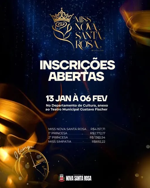 Inscrições para o Concurso Miss Nova Santa Rosa 2026 seguem abertas até 6 de fevereiro