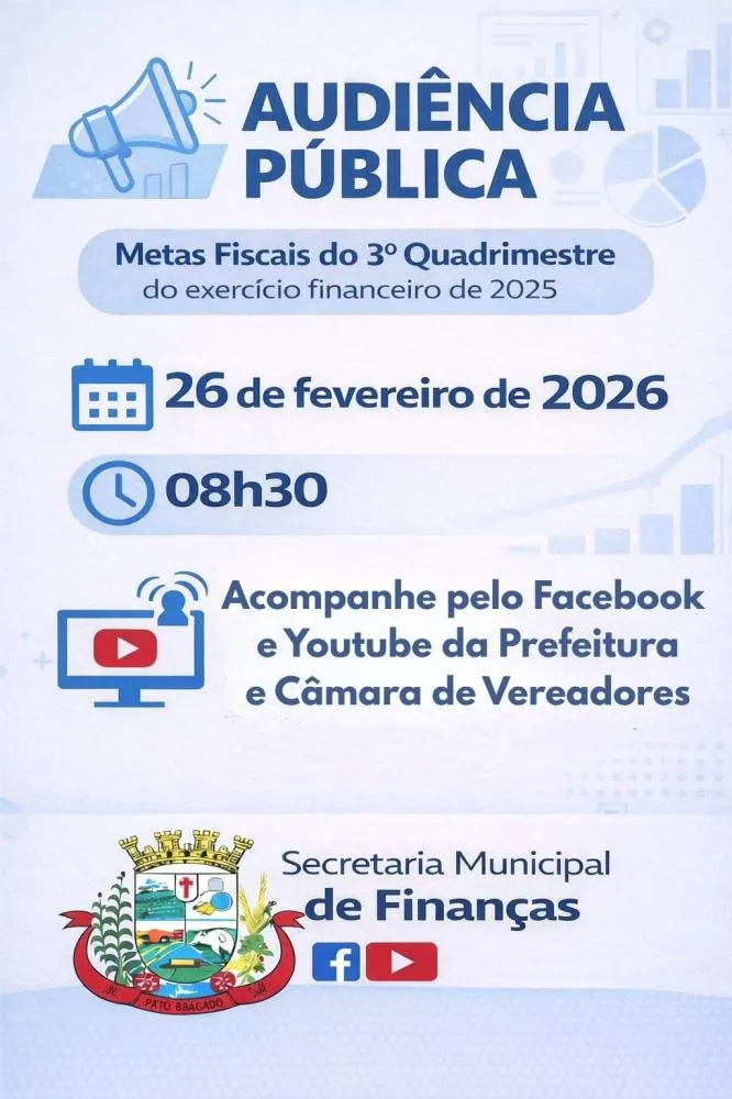 Pato Bragado marca audiência pública para prestação de contas do 3º quadrimestre de 2025