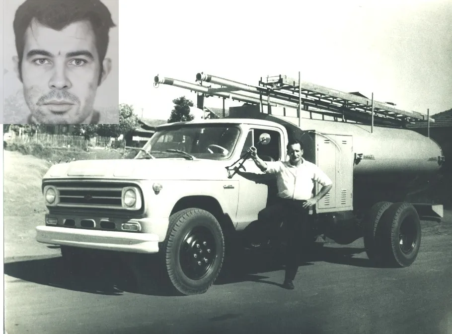 Severino Miola e o caminhão-pipa da Prefeitura que iniciou o Corpo de Bombeiros de Cascavel. No destaque, o guerrilheiro Alberi