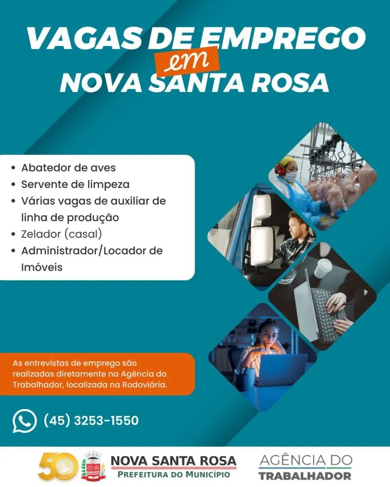 Agência do Trabalhador divulga vagas de emprego em Nova Santa Rosa