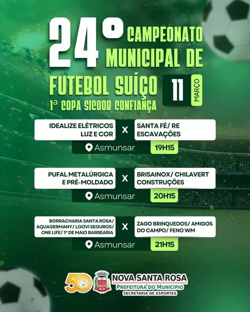 Sete equipes disputam o 24º Campeonato Municipal de Futebol Suíço em Nova Santa Rosa