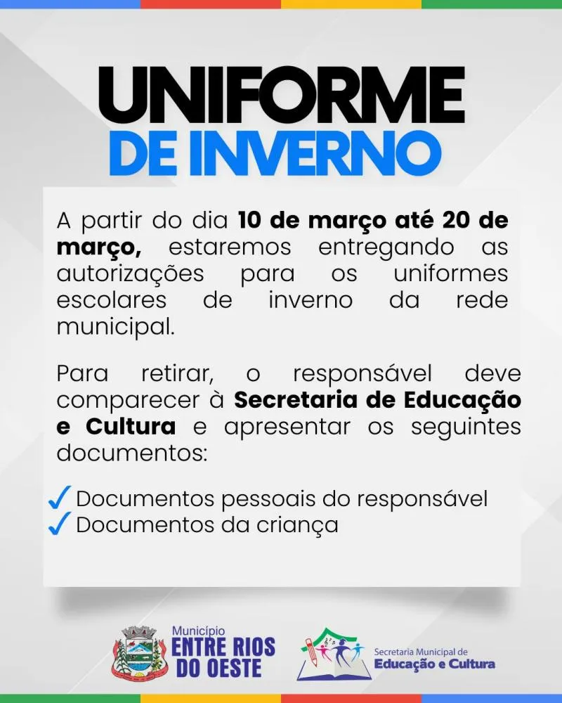 Entre Rios do Oeste inicia entrega de autorizações para uniformes escolares de inverno