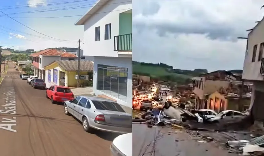 O antes e o depois numa das ruas afetadas pelo tornado