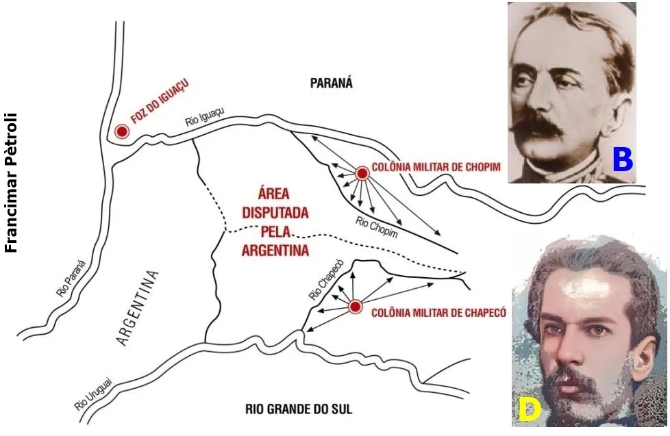 Mapa das colônias militares instaladas por José Bernardino Bormann (B) e Francisco Santiago Dantas (D) mostra como evitaram perdas territoriais
