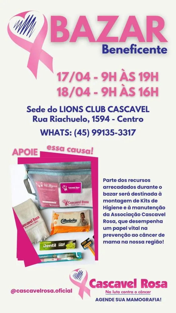 Bazar solidário da Cascavel Rosa acontece em abril com foco no apoio a pacientes com câncer