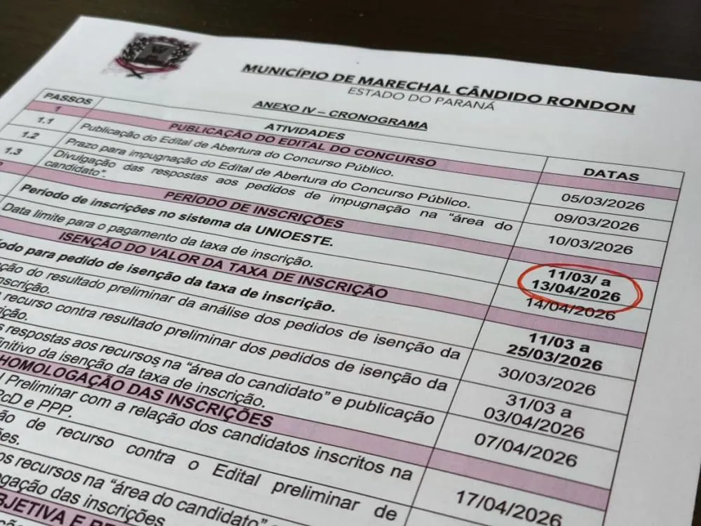 Inscrições para o Concurso Público na prefeitura de Marechal Cândido Rondon podem ser feitas até segunda-feira