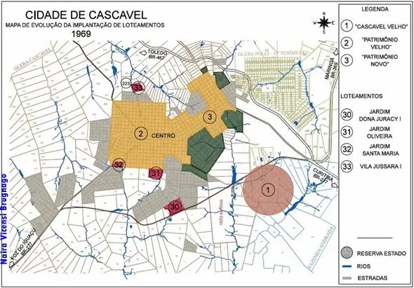 Até 1969 o Cascavel Velho, no círculo 1, ainda não fazia parte da cidade, formada inicialmente (anos 1930) pelo Patrimônio Velho (2) e acrescida nos anos 1950 pelo Patrimônio Novo (3)