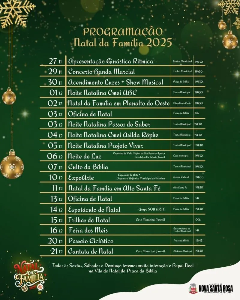 Nova Santa Rosa divulga programação oficial do Natal da Família 2025