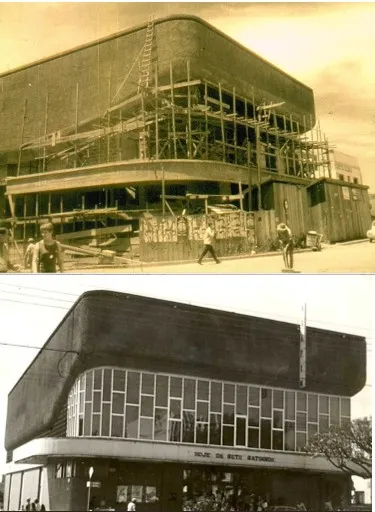 O Cine Delfim, em obras e funcionando. Foi bancado por dez sócios, dentre os quais Jacy Scanagatta