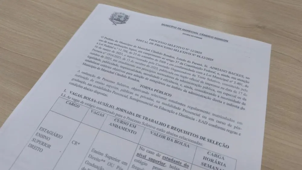 Inscrições para processo seletivo para estágio em direito estão abertas na prefeitura de Marechal