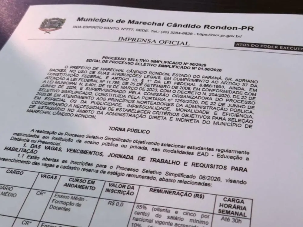 Prefeitura de Marechal Cândido Rondon abre processo seletivo simplificado para contratação de novos estagiários de educação. Foto: Divulgação/Prefeitura de Marechal Cândido Rondon.