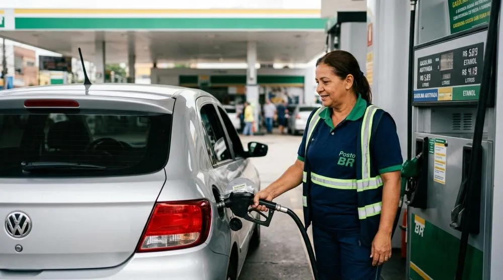 Frentista abastece veículo em posto de combustíveis; nova mistura eleva de 30% para 32% o percentual de etanol na gasolina. | Imagem gerada por IA