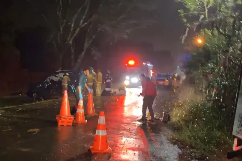 Caminhonete ficou destruída após atingir uma árvore em Foz do Iguaçu.