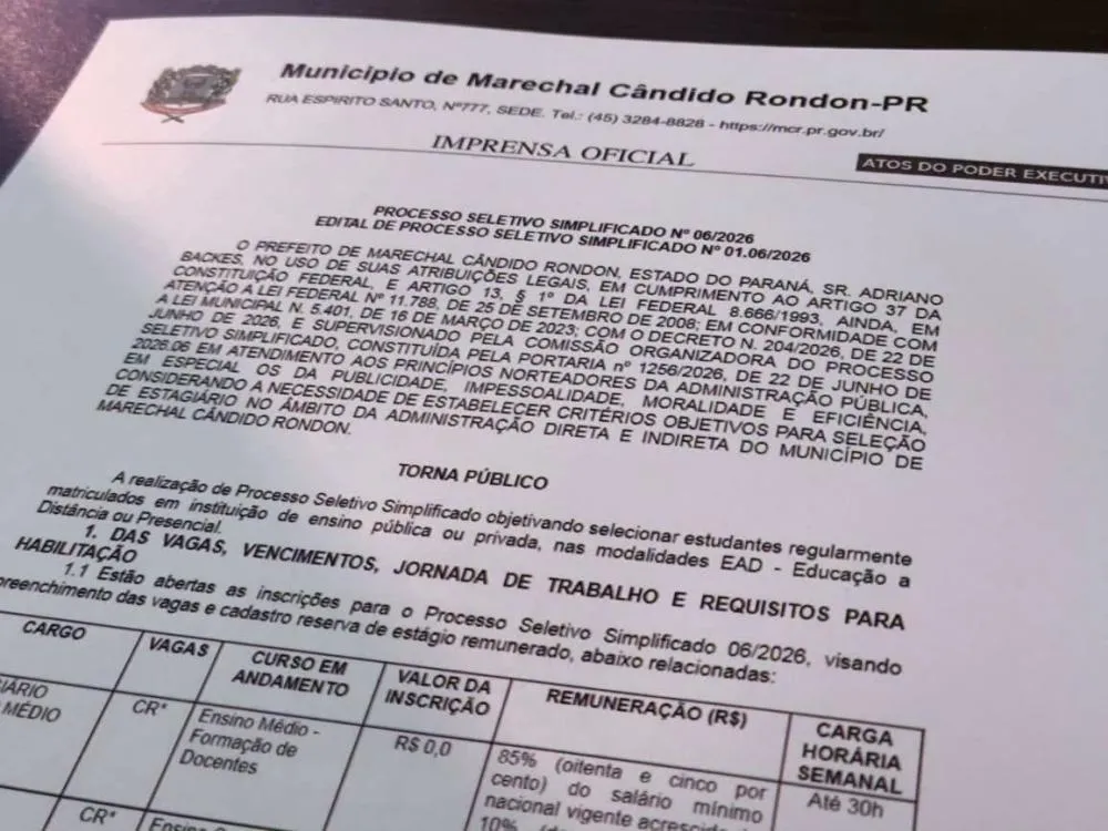 Processo seletivo simplificado atende estudantes de ensino médio, Pedagogia e pós-graduação para cadastro reserva. Foto: Divulgação/Assessoria