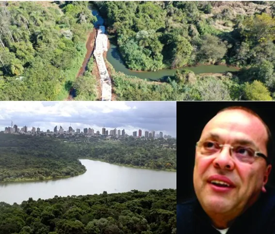 Rio Cascavel ainda turvo por resíduos, o resolutivo lago artificial e o arquiteto Nelson Nastás, um de seus artífices