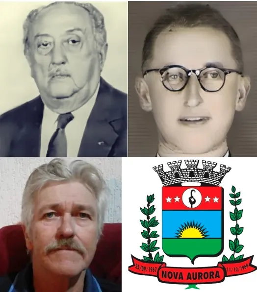 Adízio Figueiredo, padre Berardo Lube, jornalista Carlos Bazanella e o escudo de Nova Aurora