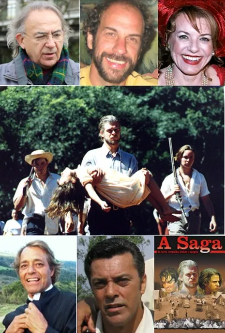 Em A Saga, o herói Audálio dos Anjos (Vitti) presta socorro. Acima, o diretor Manaoos Aristides, Roberto Bomtempo e Olga Bongiovanni. Abaixo, Valdir Fernandes, Raymundo de Souza e o DVD de A Saga