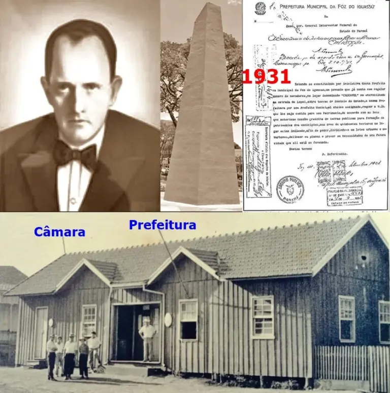 O primeiro documento oficial de Cascavel (1931). Othon Mäder e a Encruzilhada, com o Marco Zero. Abaixo, a Câmara e a Prefeitura no mesmo prédio, em 1952