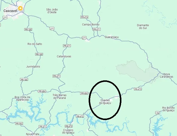 mapa: O batalhão do sargento Floriano Miranda se fixou em Campo Novo (atual Quedas do Iguaçu) no fim de 1924