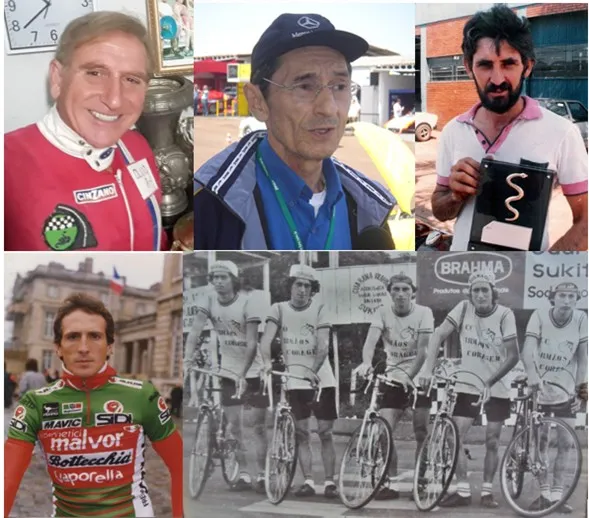Acima. Olício Santos, Delci Damian e Saul Caús. Abaixo, Renan Ferraro e a Equipe Irmãos Coragem – os irmãos Benildo, Pacífico, Claudino, Itanilo e Dário Delai