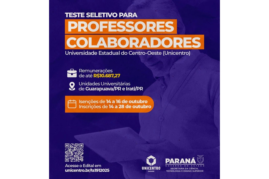 Unicentro abre inscrições para teste seletivo de professores colaboradores